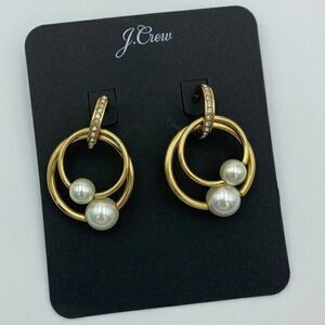 J.CREW Pearl Drop Hoop Gold Tone Earrings NWT